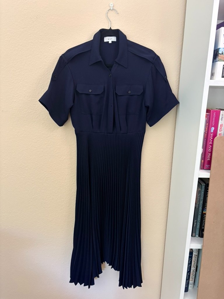 A.L.C. Navy Pleated Shirt Dress, Size 6